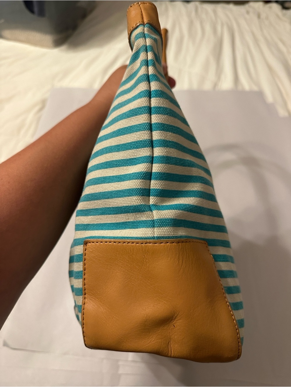 Tory Burch Teal and Cream Striped Canvas Small Sophia Tote with Tan Leather Trim - Picture 7 of 16
